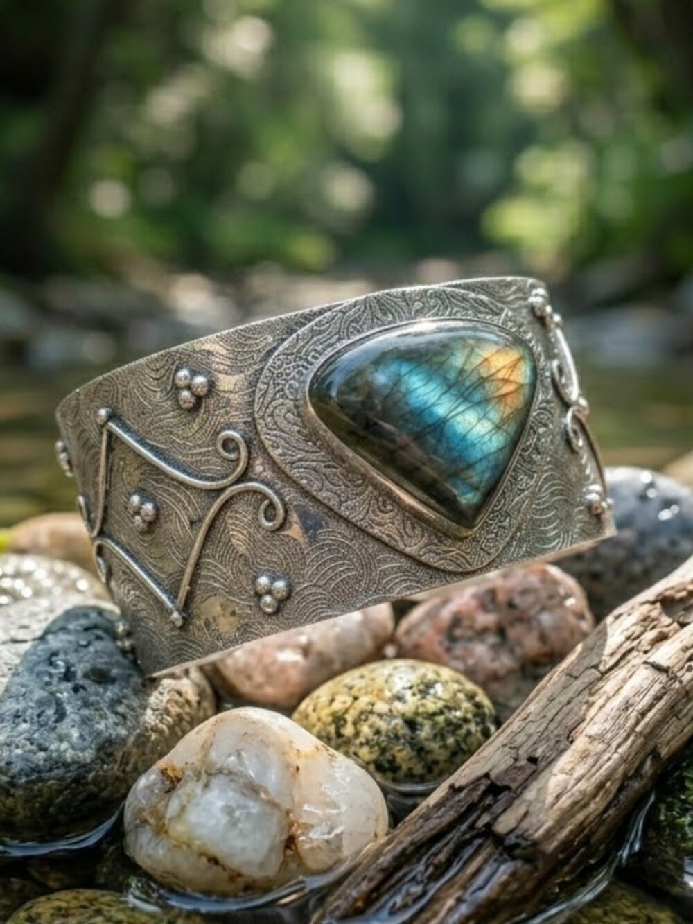925 Silver Genuine Labradorite Artisanal Wide Open Cuff Bracelet Boho Statement - Picture 12 of 16